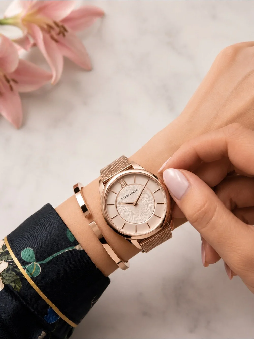 Filippo Loreti Rose Gold Mesh Watch Women’s Minimalist Luxury Dress Watch